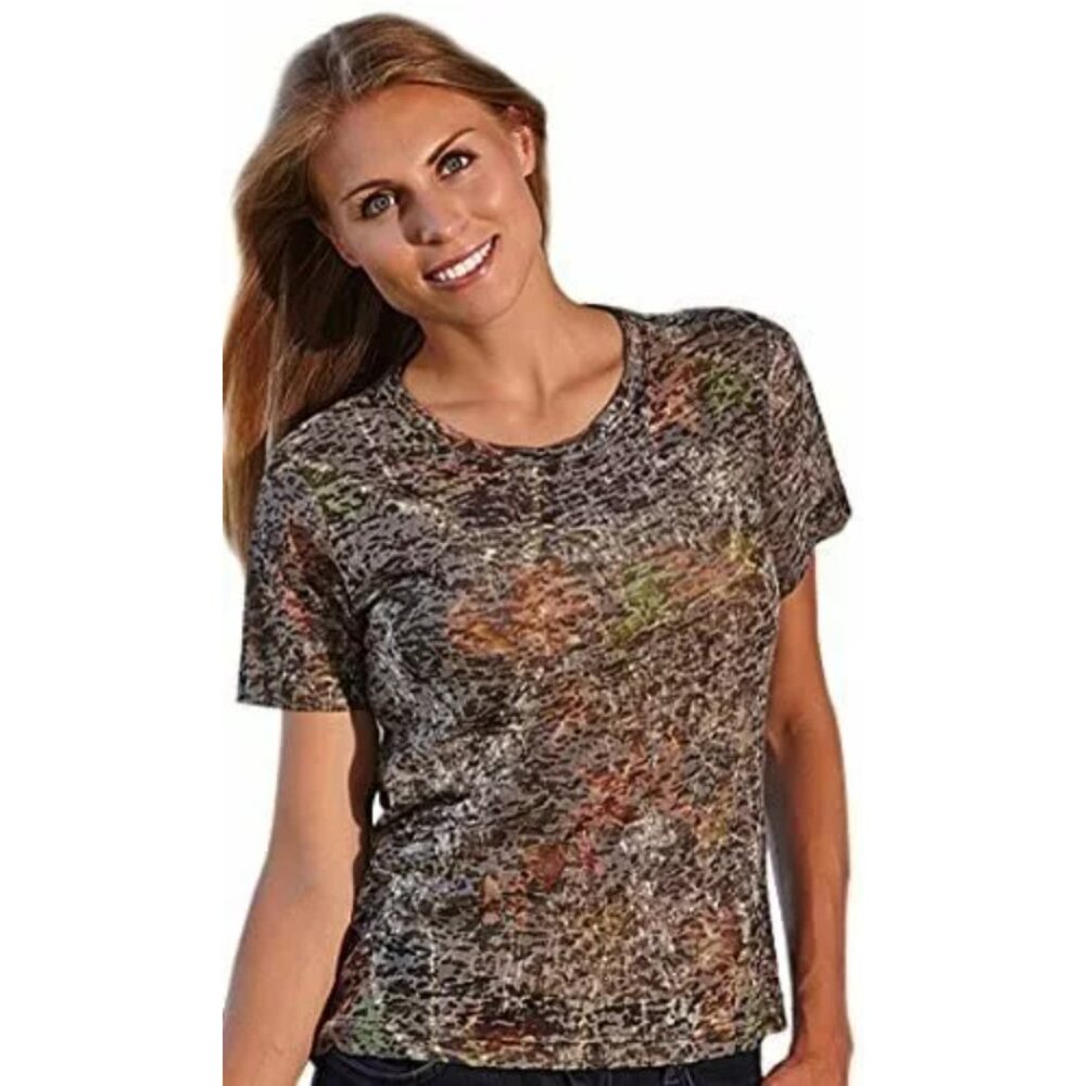 Weber T-Shirt Top Women's Brown Camo Burnout Break-Up Short Sleeve Crew Neck
